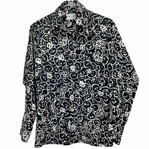 Vintage 80s Kmart Permanent Press Collared Top Black White Abstract Print Small